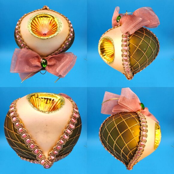 Indent Glass Teardrop Ornaments Gold Harlequin Pattern Tulle Ribbon Pink Trim 2 - Picture 9 of 10
